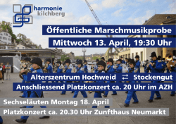 Öffentliche Marschmusikprobe Mittwoch 13. April, 19:30 Uhr