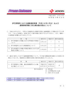 伊方発電所における通報連絡事象（平成28年2月分）