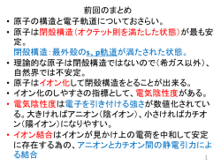 前回のまとめ &bull; 原子の構造と電子軌道についておさらい。 &bull; 原子は 閉殻