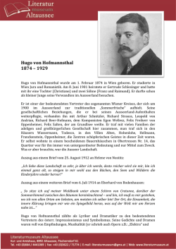 Hugo von Hofmannsthal 1874 &ndash; 1929