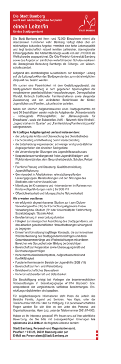 eine/n Leiter/in - Stadt Bamberg