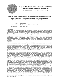 Einfluss einer pr&auml;operativen An&auml;mie vor Thorakotomie auf den
