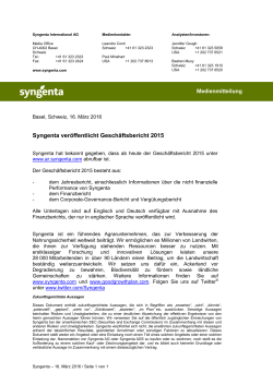 Syngenta veröffentlicht Geschäftsbericht 2015