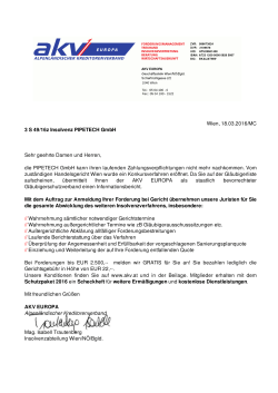 Wien, 18.03.2016/MC 3 S 49/16z Insolvenz PIPETECH GmbH Sehr