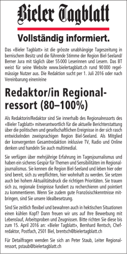 Redaktor/in Regional- ressort (80–100%)