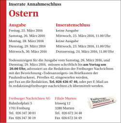 Inserate Annahmeschluss Ostern