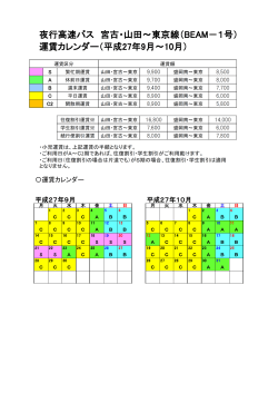 夜行高速バス 宮古・山田～東京線（BEAM－1号） 運賃カレンダー（平成