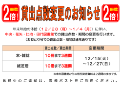 貸出点数／貸出期間 変更期間 本・雑誌 10冊まで3週間 12／15（火