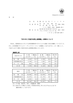 「2016 年 2 月度月次売上高情報」の開示について