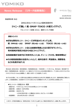 読広・マイボイス タレント調査2016 「ジャニーズ強し！嵐