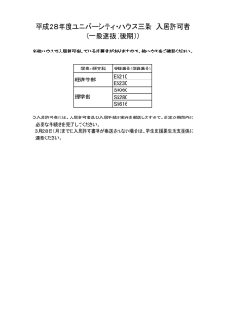 （一般選抜（後期）） 平成28年度ユニバーシティ・ハウス三条 入居許可者