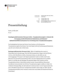 Pressemitteilung: Hermann Gröhe: "Transplantationsregister