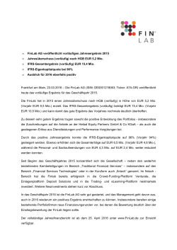 FinLab AG veröffentlicht vorläufiges Jahresergebnis 2015