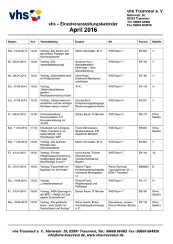 Einzelveranstaltungen im April 2016
