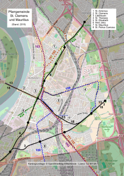 Lageplan der Pfarrei mit den Linien der Kölner Verkehrsbetriebe