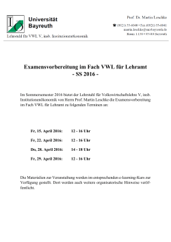 Examensvorbereitung im Fach VWL für Lehramt - SS 2016