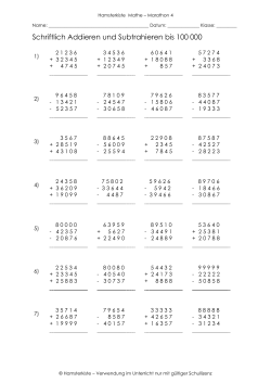 Schriftlich Addieren und Subtrahieren bis 100 000