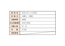 主な活動場所 吉田小学校 活動人数 25 名 対 象 小学生 団 体 名 吉田スポ