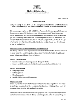 Hinweisblatt Zulagen TV-L  - LEHRER-ONLINE-BW
