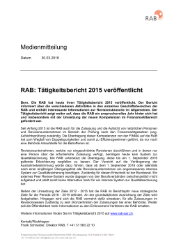 Medienmitteilung RAB: Tätigkeitsbericht 2015 veröffentlicht