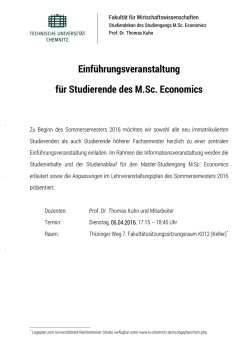 Einf&uuml;hrungsveranstaltung f&uuml;r Studierende des M.Sc. Economics