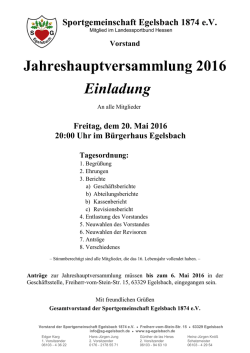 JAHRESHAUPTVERSAMMLUNG 2016 +++ Freitag 20. Mai 2016