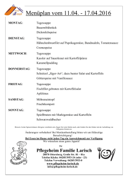 Menüplan 11.04 - 17.04.2016 - Pflegeheim Familie Larisch