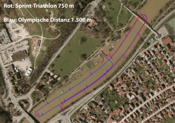 Rot: Sprint-Triathlon 750 m Blau: Olympische Distanz 1.500 m