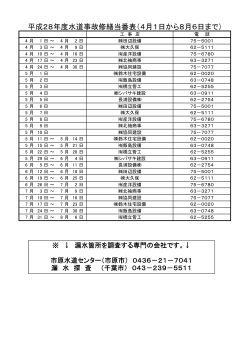 平成28年度水道事故修繕当番表（4月1日から8月6日まで）