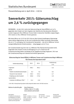 Seeverkehr 2015: G&uuml;terumschlag um 2,6 % zur&uuml;ckgegangen (PDF