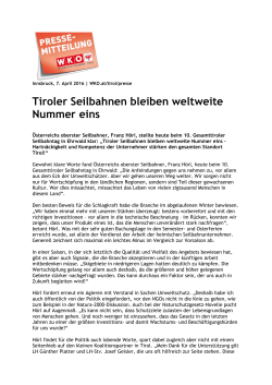 Tiroler Seilbahnen bleiben weltweite Nummer eins