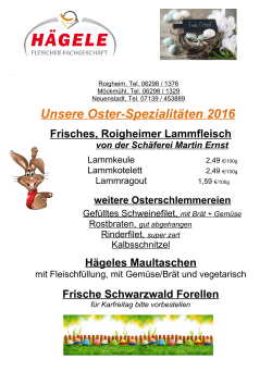 Unsere Oster-Spezialitäten 2016 Frisches, Roigheimer Lammfleisch