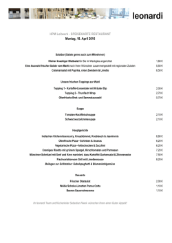 HPM Leitwerk - SPEISEKARTE RESTAURANT Freitag 15 April 2016