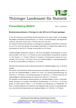 Bruttomonatsverdienste in Thüringen im Jahr 2015 um 4,2 Prozent