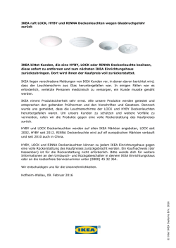 IKEA ruft LOCK, HYBY und RINNA Deckenleuchten wegen