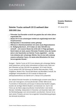 IR Release: Daimler Trucks verkauft 2015 weltweit &uuml;ber 500.000 Lkw