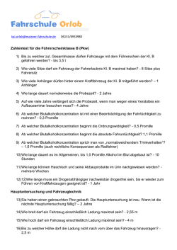 Zahlentest für die Führerscheinklasse B (Pkw) 1) Bis zu welcher zul