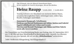 Heinz Raupp * 13.05.1933 &dagger; 14.09.2015 Traurig nehmen wir