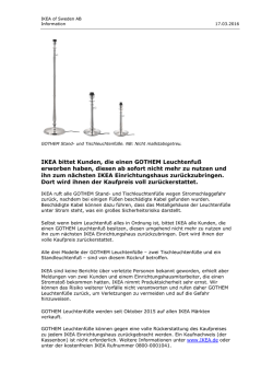 IKEA bittet Kunden, die einen GOTHEM Leuchtenfu&szlig; erworben