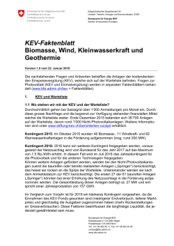 KEV-Faktenblatt Biomasse, Wind, Kleinwasserkraft und Geothermie