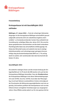 Kreissparkasse ist mit Geschäftsjahr 2015 zufrieden