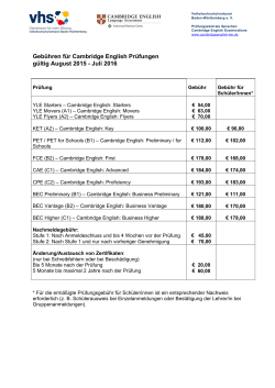 Prüfungsgebühren gültig von August 2015 bis Juli 2016
