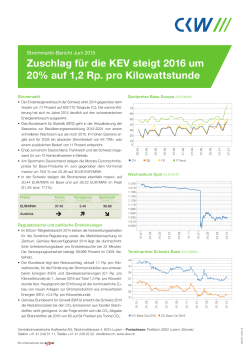 Zuschlag für die KEV steigt 2016 um 20% auf 1,2 Rp. pro