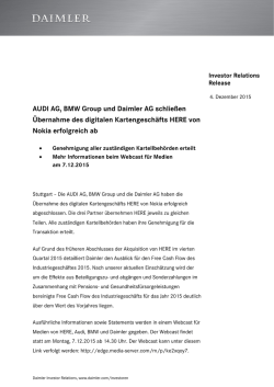 IR Release: AUDI AG, BMW Group und Daimler AG schlie&szlig;en