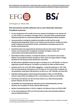 EFG International und BSI schliessen sich zu einer f&uuml;hrenden