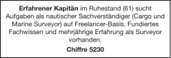 Erfahrener Kapitän im Ruhestand (61) sucht Aufgaben als
