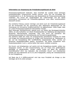 Information zur Anpassung der Preis&auml;nderungsklausel ab 2016