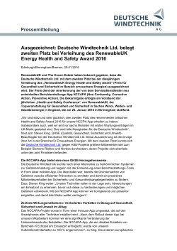 Pressemitteilung Ausgezeichnet: Deutsche Windtechnik Ltd. belegt