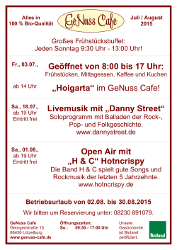 Geöffnet von 8:00 bis 17 Uhr: „Hoigarta“ im GeNuss Cafe! Livemusik