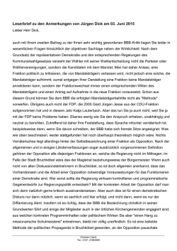 Leserbrief zu den Anmerkungen von Jürgen Dick am 03. Juni 2015